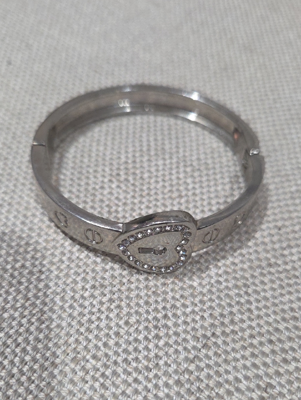 Heart Lock Crystal Bangle Bracelet Love Statement Silvertone 7"